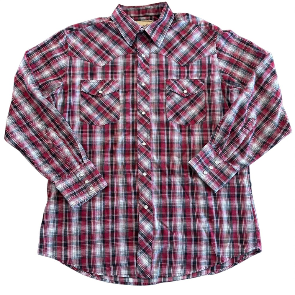 Wrangler Mens Red Plaid Western Pearl Snap Long Sleeve Shirt Large 112325190